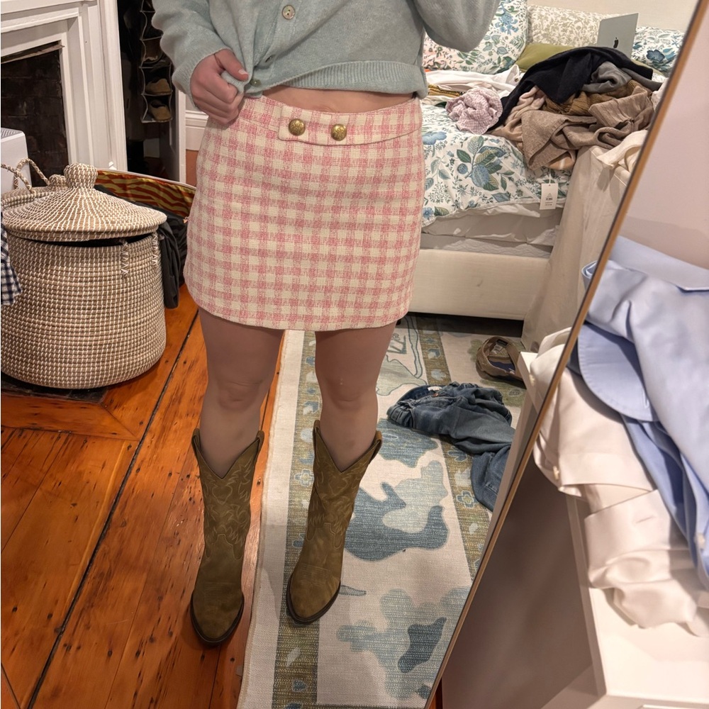 Zara Pink Gingham Tweed Checkered Mini Skirt Skort Size Small - Picture 4 of 7